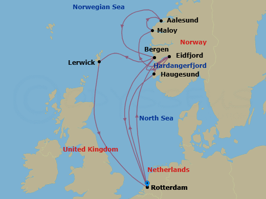 14 Night - Norwegian Fjords & Scotland - Rotterdam - Starting in Rotterdam, the Netherlands, Eidfjord, Norway, Scenic cruising Hardangerfjord, Maloy, Norway, Alesund, Norway, Bergen, Norway, Rotterdam, the Netherlands, Haugesund, Norway, Eidfjord, Norway, Scenic cruising Hardangerfjord, Bergen, Norway, Lerwick, Shetland Islands, United Kingdom, Rotterdam, the Netherlands itinerary map