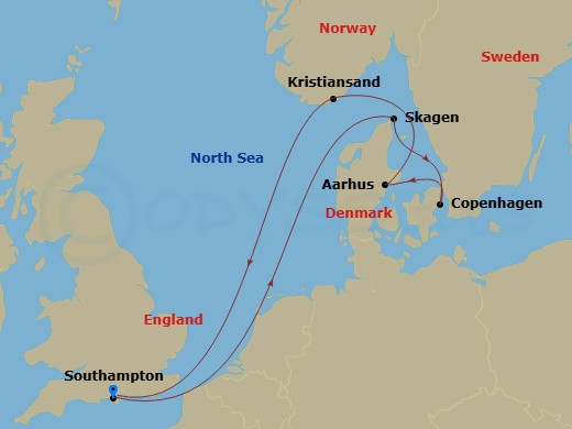 7 Night - Norway and Denmark - Queen Anne - Starting in Southampton, England, UK, Skagen, Denmark, Copenhagen, Denmark, Aarhus, Denmark, Kristiansand, Norway, Southampton, England, UK itinerary map
