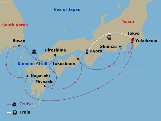 14 Night - Highlights of Japan - Tour 3D - Diamond Princess Tours - Starting in Kyoto, Japan, Tokyo, Japan, Tokyo (Yokohama), Japan, Nagasaki, Japan, Busan, South Korea, Kanmon Straits, Japan, Hiroshima, Japan, Miyazaki (Aburatsu), Japan, Tokushima, Japan, Shimizu (for Mount Fuji), Japan, Tokyo (Yokohama), Japan itinerary map
