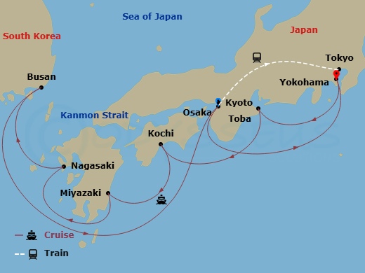 14 Night - Highlights of Japan - Tour 3D - Diamond Princess Tours - Starting in Kyoto, Japan, Tokyo, Japan, Tokyo (Yokohama), Japan, Toba, Japan, Kochi, Japan, Miyazaki (Aburatsu), Japan, Nagasaki, Japan, Busan, South Korea, Kanmon Straits, Japan, Osaka (for Kyoto), Japan, Tokyo (Yokohama), Japan itinerary map