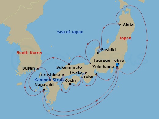 18 Night - Grand Circle Japan - Diamond Princess - Starting in Tokyo (Yokohama), Japan, Toba, Japan, Osaka (for Kyoto), Japan, Kochi, Japan, Hiroshima, Japan, Kanmon Straits, Japan, Busan, South Korea, Nagasaki, Japan, Tokyo (Yokohama), Japan, Akita, Japan, Toyama (Fushiki), Japan, Tsuruga, Japan, Sakaiminato, Japan, Busan, South Korea, Nagasaki, Japan, Tokyo (Yokohama), Japan itinerary map