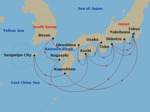 17 Night - Grand Japan - Diamond Princess - Starting in Tokyo (Yokohama), Japan, Toba, Japan, Osaka (for Kyoto), Japan, Kochi, Japan, Hiroshima, Japan, Kanmon Straits, Japan, Busan, South Korea, Nagasaki, Japan, Shimizu (for Mount Fuji), Japan, Tokyo (Yokohama), Japan, Toba, Japan, Kochi, Japan, Jeju (Seogwipo), South Korea, Kagoshima, Japan, Tokyo (Yokohama), Japan itinerary map