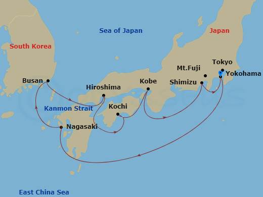 9 Night - Japan Explorer - Diamond Princess - Starting in Tokyo (Yokohama), Japan, Nagasaki, Japan, Busan, South Korea, Kanmon Straits, Japan, Hiroshima, Japan, Kochi, Japan, Kobe (for Kyoto), Japan, Shimizu (for Mount Fuji), Japan, Tokyo (Yokohama), Japan itinerary map