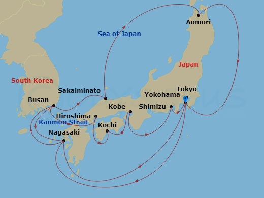 17 Night - Grand Circle Japan - Diamond Princess - Starting in Tokyo (Yokohama), Japan, Nagasaki, Japan, Busan, South Korea, Sakaiminato, Japan, Aomori, Japan, Tokyo (Yokohama), Japan, Nagasaki, Japan, Busan, South Korea, Kanmon Straits, Japan, Hiroshima, Japan, Kochi, Japan, Kobe (for Kyoto), Japan, Shimizu (for Mount Fuji), Japan, Tokyo (Yokohama), Japan itinerary map