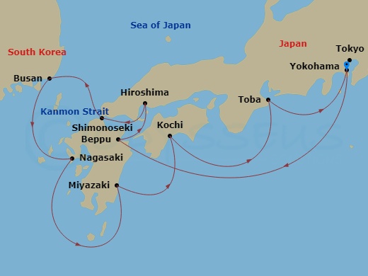 10 Night - Japan Explorer - Diamond Princess - Starting in Tokyo (Yokohama), Japan, Beppu, Japan, Hiroshima, Japan, Kanmon Straits, Japan, Shimonoseki, Japan, Busan, South Korea, Nagasaki, Japan, Miyazaki (Aburatsu), Japan, Kochi, Japan, Toba, Japan, Tokyo (Yokohama), Japan itinerary map