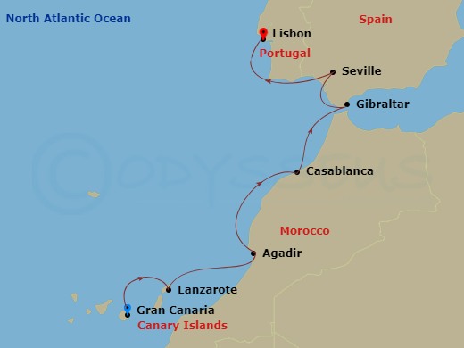 8 Night - Spain & Morocco Cruise : Lanzarote, Casablanca & Seville - Azamara Journey - Starting in Gran Canaria, Canary Islands, Lanzarote, Canary Islands, Agadir, Casablanca, Gibraltar, Seville, Lisbon itinerary map