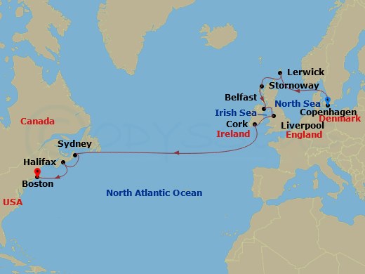 15 Night - British Isles & Canadian Passage - Sapphire Princess - Starting in Copenhagen, Denmark, Shetland Islands (Lerwick), Scotland, Stornoway, Scotland, Belfast, Northern Ireland, Liverpool, England, Cork, Ireland (Cobh / for Blarney Castle), Sydney CA, Halifax, Canada, Boston, Massachusetts itinerary map