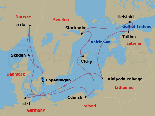 12 Night - Norway, Denmark & Sweden - Sapphire Princess - Starting in Copenhagen, Denmark, Kiel (Hamburg), Germany, Klaipeda, Lithuania, Tallinn, Estonia, Helsinki, Finland, Stockholm, Sweden, Visby, Sweden, Gdansk (Gdynia), Poland, Oslo, Norway, Skagen, Denmark, Copenhagen, Denmark itinerary map