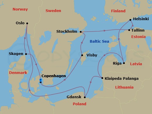 12 Night - Norway, Denmark & Sweden - Sapphire Princess - Starting in Copenhagen, Denmark, Visby, Sweden, Stockholm, Sweden, Tallinn, Estonia, Helsinki, Finland, Riga, Latvia, Klaipeda, Lithuania, Gdansk (Gdynia), Poland, Oslo, Norway, Skagen, Denmark, Copenhagen, Denmark itinerary map