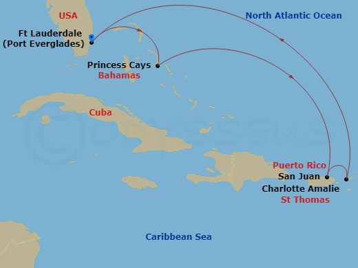 7 Night - Eastern Caribbean with St. Thomas - Sun Princess - Starting in Fort Lauderdale, Florida, Princess Cays, Bahamas, San Juan, Puerto Rico, St Thomas, US Virgin Islands, Fort Lauderdale, Florida itinerary map