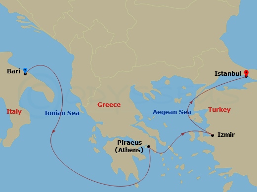 4 Night - Mediterranean - MSC Lirica - Starting in Bari, Italy, Piraeus (Athens), Greece, Izmir (Ephesus), Turkey, Istanbul, Turkey itinerary map