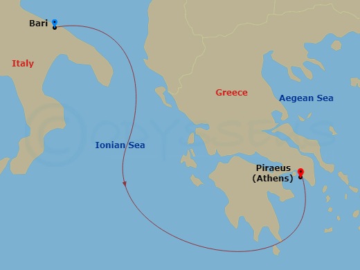 2 Night - Mediterranean - MSC Lirica - Starting in Bari, Italy, Piraeus (Athens), Greece itinerary map