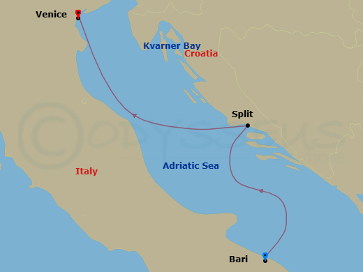 2 Night - Mediterranean - MSC Lirica - Starting in Bari, Italy, Split, Croatia, Venice / Marghera, Italy itinerary map