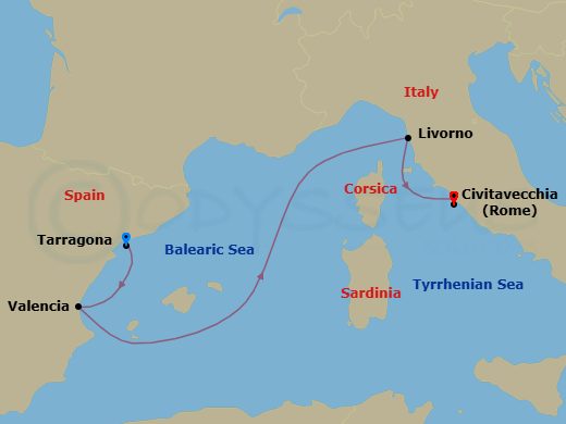 4 Night - Mediterranean - MSC Orchestra - Starting in Tarragona, Spain, Valencia, Spain, Livorno (Florence), Italy, Civitavecchia (Rome), Italy itinerary map