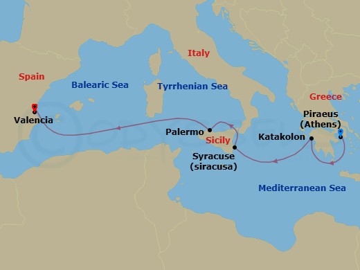 5 Night - Mediterranean - MSC Sinfonia - Starting in Piraeus (Athens), Greece, Katakolon (Olympia), Greece, Syracuse, Italy, Palermo (Monreale), Italy, Valencia, Spain itinerary map