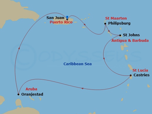 7 Night - Southern Caribbean & Aruban Nights - Scarlet Lady - Starting in San Juan, Puerto Rico, Philipsburg, Sint Maarten, St Johns AG, Antigua and Barbuda, Castries, Saint Lucia, Oranjestad, Aruba, San Juan, Puerto Rico itinerary map