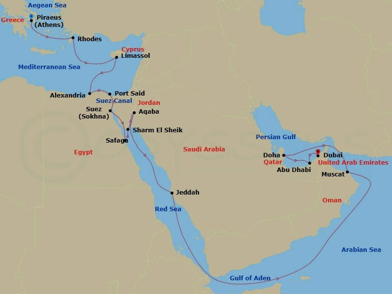 23 Night - Pre Cruisetour Dubai Highlights - Norwegian Sun Tours - Starting in Piraeus / Athens, Greece, Rhodes, Greece, Limassol, Cyprus, Alexandria EG (Cairo), Egypt, Port Said (Technical Call), Egypt, Suez Canal, Egypt, Port Sokhna, Egypt, Safaga, Egypt, Sharm El-Sheikh, Egypt, Aqaba, Jordan, Jeddah, Saudi Arabia, Muscat, Oman, Doha, Qatar, Abu Dhabi, United Arab Emirates, Dubai, United Arab Emirates, At Hotel itinerary map