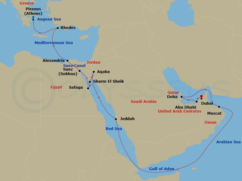 23 Night - Pre Cruisetour Dubai Highlights - Norwegian Sky Tours - Starting in Piraeus / Athens, Greece, Rhodes, Greece, Alexandria EG (Cairo), Egypt, Suez Canal, Egypt, Port Sokhna, Egypt, Safaga, Egypt, Sharm El-Sheikh, Egypt, Aqaba, Jordan, Jeddah, Saudi Arabia, Muscat, Oman, Doha, Qatar, Abu Dhabi, United Arab Emirates, Dubai, United Arab Emirates, At Hotel itinerary map