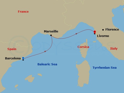 2 Night - Mediterranean - MSC Splendida - Starting in Barcelona, Spain, Marseille (Provence), France, Livorno (Florence), Italy itinerary map