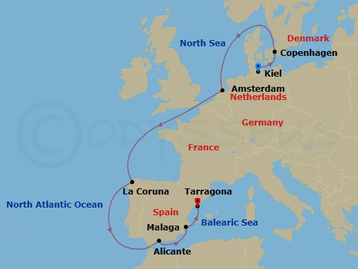 10 Night - Northern Europe - MSC Euribia - Starting in Kiel, Germany, Copenhagen, Denmark, Amsterdam, Netherlands, La Coruna (Santiago De Compostela), Spain, Malaga (Granada), Spain, Alicante, Spain, Tarragona, Spain itinerary map