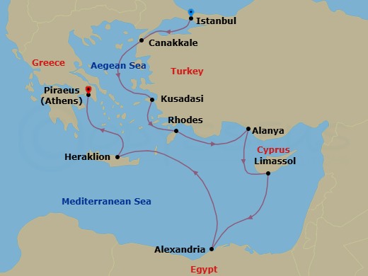 14 Night - Pharaohs & Empires - Seven Seas Navigator - Starting in Istanbul, Canakkale (Troy), Kusadasi, Cruising the Aegean Sea, Rhodes, Alanya, Limassol, Cruising the Mediterranean Sea, Alexandria EG, Cruising the Mediterranean Sea, Heraklion (Crete), Athens (Piraeus) itinerary map