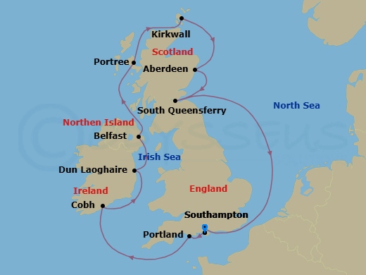 13 Night - Tower of London & Garden of England Pre Cruisetour - Norwegian Star Tours - Starting in At Hotel, London (Southampton), United Kingdom, Portland UK, Cork / Cobh, Ireland, Dublin / Dun Laoghaire, Ireland, Belfast, Northern Ireland, United Kingdom, Portree, Scotland, United Kingdom, Kirkwall, Scotland, Aberdeen, United Kingdom, South Queensferry, Edinburgh, United Kingdom, London (Southampton), United Kingdom itinerary map