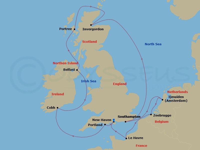 14 Night - Tower of London & Garden of England Pre Cruisetour - Norwegian Star Tours - Starting in At Hotel, London (Southampton), United Kingdom, Portland UK, Cork / Cobh, Ireland, Belfast, Northern Ireland, United Kingdom, Portree, Scotland, United Kingdom, Invergordon (Inverness), United Kingdom, Edinburgh (Newhaven), Scotland, United Kingdom, Amsterdam / Ijmuiden, Netherlands, Zeebrugge / Brussels / Brugge, Belgium, Le Havre / Paris, France, London (Southampton), United Kingdom itinerary map