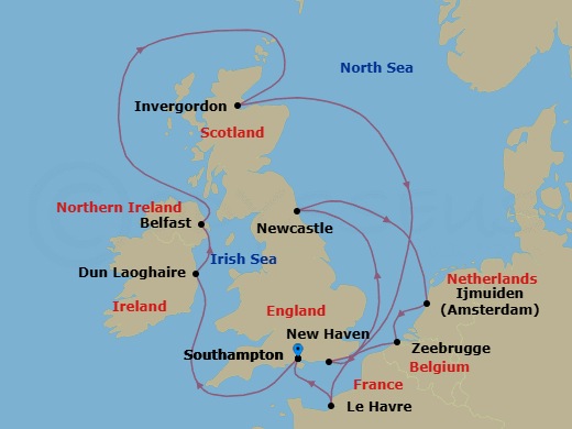 14 Night - Tower of London & Garden of England Pre Cruisetour - Norwegian Star Tours - Starting in At Hotel, London (Southampton), United Kingdom, Dublin / Dun Laoghaire, Ireland, Belfast, Northern Ireland, United Kingdom, Invergordon (Inverness), United Kingdom, Edinburgh (Newhaven), Scotland, United Kingdom, Newcastle Upon Tyne, United Kingdom, Amsterdam / Ijmuiden, Netherlands, Zeebrugge / Brussels / Brugge, Belgium, Le Havre / Paris, France, London (Southampton), United Kingdom itinerary map