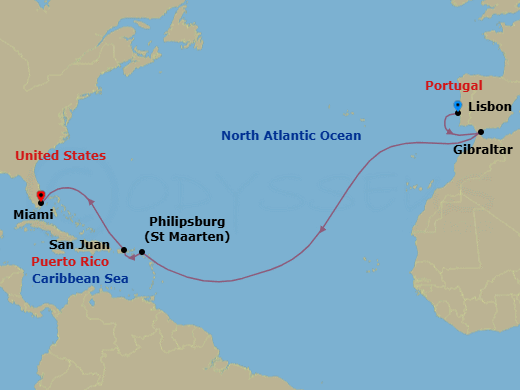 15 Night - Lisbon to Miami - Silver Nova - Starting in Lisbon, Gibraltar, Philipsburg, St Maarten, San Juan, Miami, Fl itinerary map