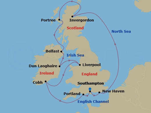 10 Night - Europe - British Isles - Norwegian Star - Starting in London (Southampton), United Kingdom, Edinburgh (Newhaven), Scotland, United Kingdom, Invergordon (Inverness), United Kingdom, Portree, Scotland, United Kingdom, Belfast, Northern Ireland, United Kingdom, Dublin / Dun Laoghaire, Ireland, Liverpool, England, United Kingdom, Cork / Cobh, Ireland, Portland UK, London (Southampton), United Kingdom itinerary map