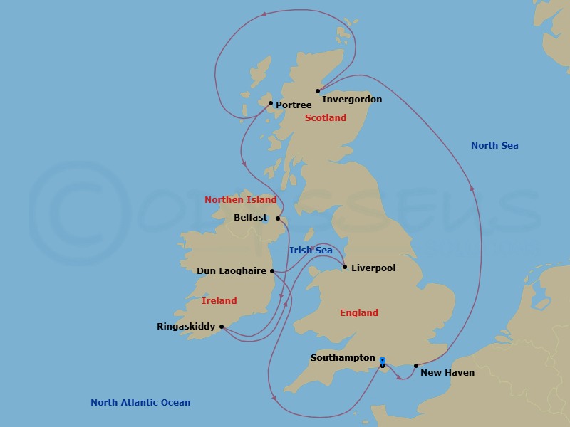10 Night - Europe - British Isles - Norwegian Star - Starting in London (Southampton), United Kingdom, Edinburgh (Newhaven), Scotland, United Kingdom, Invergordon (Inverness), United Kingdom, Portree, Scotland, United Kingdom, Belfast, Northern Ireland, United Kingdom, Ringaskiddy / Cork, Ireland, Liverpool, England, United Kingdom, Dublin / Dun Laoghaire, Ireland, London (Southampton), United Kingdom itinerary map