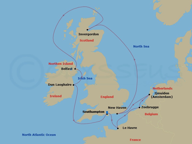 11 Night - Europe - British Isles - Norwegian Star - Starting in London (Southampton), United Kingdom, Le Havre / Paris, France, Zeebrugge / Brussels / Brugge, Belgium, Amsterdam / Ijmuiden, Netherlands, Edinburgh (Newhaven), Scotland, United Kingdom, Invergordon (Inverness), United Kingdom, Belfast, Northern Ireland, United Kingdom, Dublin / Dun Laoghaire, Ireland, London (Southampton), United Kingdom itinerary map