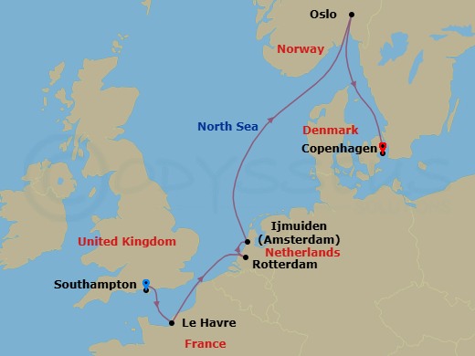 7 Night - Europe - Norwegian Star - Starting in London (Southampton), United Kingdom, Le Havre / Paris, France, Rotterdam, Netherlands, Amsterdam / Ijmuiden, Netherlands, Oslo, Norway, Copenhagen, Denmark itinerary map