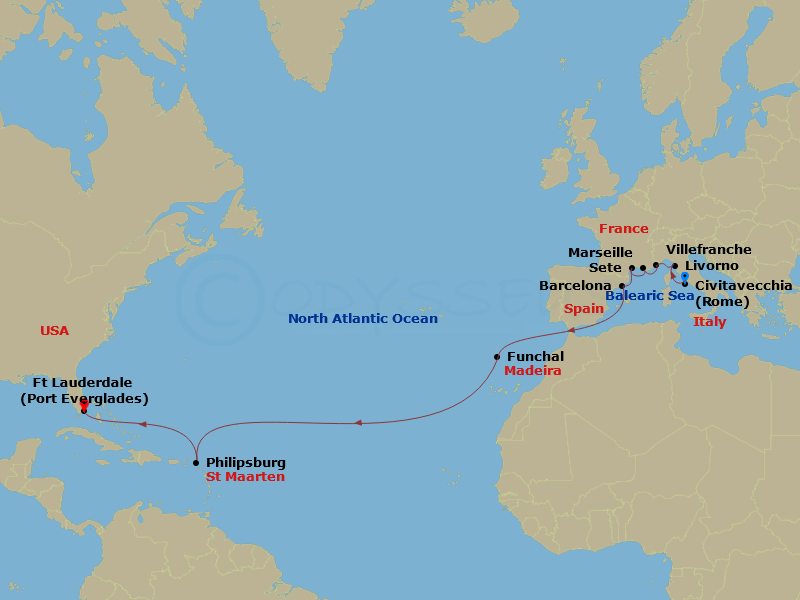 20 Night - Atlantic & Mediterranean Horizons - Viking Vesta - Starting in Rome (Civitavecchia), Florence / Pisa (Livorno), Villefranche-Sur-Mer, Marseille, Sete, Barcelona, Sail the Mediterranean Sea, Sail the Atlantic Ocean, Madeira (Funchal), Sail the Atlantic Ocean, Philipsburg, Sail the Caribbean Sea, Fort Lauderdale, Florida itinerary map