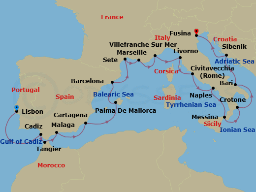 21 Night - Adriatic & Mediterranean Discovery - Viking Vela - Starting in Lisbon, Seville (Cadiz), Tangier, Granada (Malaga), Murcia (Cartagena ES, Spain), Palma De Mallorca, Barcelona, Sete, Marseille, Villefranche-Sur-Mer, Florence / Pisa (Livorno), Rome (Civitavecchia), Naples, Sicily (Messina), Crotone, Bari, Sibenik, Venice (Fusina) itinerary map