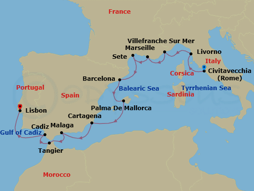 14 Night - Spain, Portugal & the Mediterranean - Viking Vela - Starting in Rome (Civitavecchia), Florence / Pisa (Livorno), Villefranche-Sur-Mer, Marseille, Sete, Barcelona, Palma De Mallorca, Murcia (Cartagena ES, Spain), Granada (Malaga), Tangier, Seville (Cadiz), Lisbon itinerary map