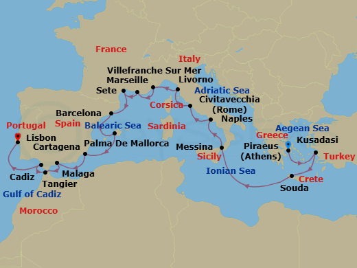 21 Night - Iberia & Mediterranean Antiquities - Viking Vela - Starting in Athens (Piraeus), Ephesus (Kusadasi), Crete (Souda Bay), Sail the Ionian Sea, Sicily (Messina), Naples, Rome (Civitavecchia), Florence / Pisa (Livorno), Villefranche-Sur-Mer, Marseille, Sete, Barcelona, Palma De Mallorca, Murcia (Cartagena ES, Spain), Granada (Malaga), Tangier, Seville (Cadiz), Lisbon itinerary map