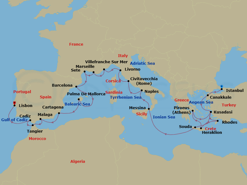 28 Night - Iberia, the Mediterranean & Aegean - Viking Vela - Starting in Istanbul, Troy (Canakkale), Ephesus (Kusadasi), Rhodes, Crete (Heraklion), Athens (Piraeus), Ephesus (Kusadasi), Crete (Souda Bay), Sail the Ionian Sea, Sicily (Messina), Naples, Rome (Civitavecchia), Florence / Pisa (Livorno), Villefranche-Sur-Mer, Marseille, Sete, Barcelona, Palma De Mallorca, Murcia (Cartagena ES, Spain), Granada (Malaga), Tangier, Seville (Cadiz), Lisbon itinerary map