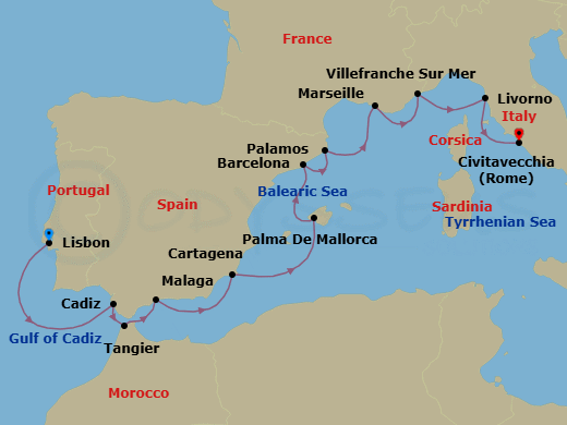 14 Night - Spain, Portugal & the Mediterranean - Viking Vela - Starting in Lisbon, Seville (Cadiz), Tangier, Granada (Malaga), Murcia (Cartagena ES, Spain), Palma De Mallorca, Barcelona, Palamos, Marseille, Villefranche-Sur-Mer, Florence / Pisa (Livorno), Rome (Civitavecchia) itinerary map