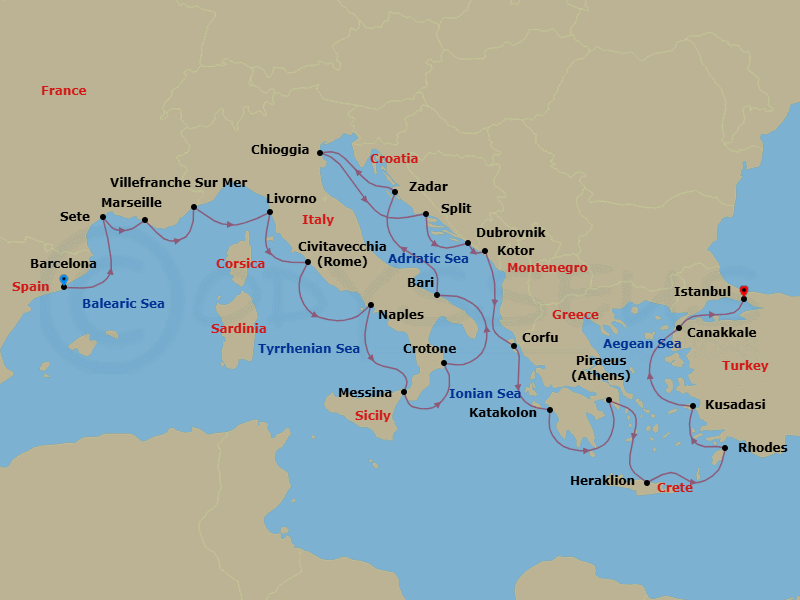 28 Night - Mediterranean's Iconic Shores - Viking Sky - Starting in Barcelona, Sete, Marseille, Villefranche-Sur-Mer, Florence / Pisa (Livorno), Rome (Civitavecchia), Naples, Sicily (Messina), Crotone, Bari, Zadar, Venice (Chioggia), Split, Dubrovnik, Croatia, Kotor, Corfu (Kerkyra), Katakolon (Olympia), Athens (Piraeus), Crete (Heraklion), Rhodes, Ephesus (Kusadasi), Troy (Canakkale), Istanbul itinerary map