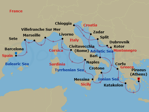 21 Night - Mediterranean & Adriatic Sojourn - Viking Sky - Starting in Barcelona, Sete, Marseille, Villefranche-Sur-Mer, Florence / Pisa (Livorno), Rome (Civitavecchia), Naples, Sicily (Messina), Crotone, Bari, Zadar, Venice (Chioggia), Split, Dubrovnik, Croatia, Kotor, Corfu (Kerkyra), Katakolon (Olympia), Athens (Piraeus) itinerary map