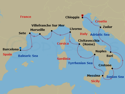 14 Night - Mediterranean & Italian Sojourn - Viking Sky - Starting in Barcelona, Sete, Marseille, Villefranche-Sur-Mer, Florence / Pisa (Livorno), Rome (Civitavecchia), Naples, Sicily (Messina), Crotone, Bari, Zadar, Venice (Chioggia) itinerary map