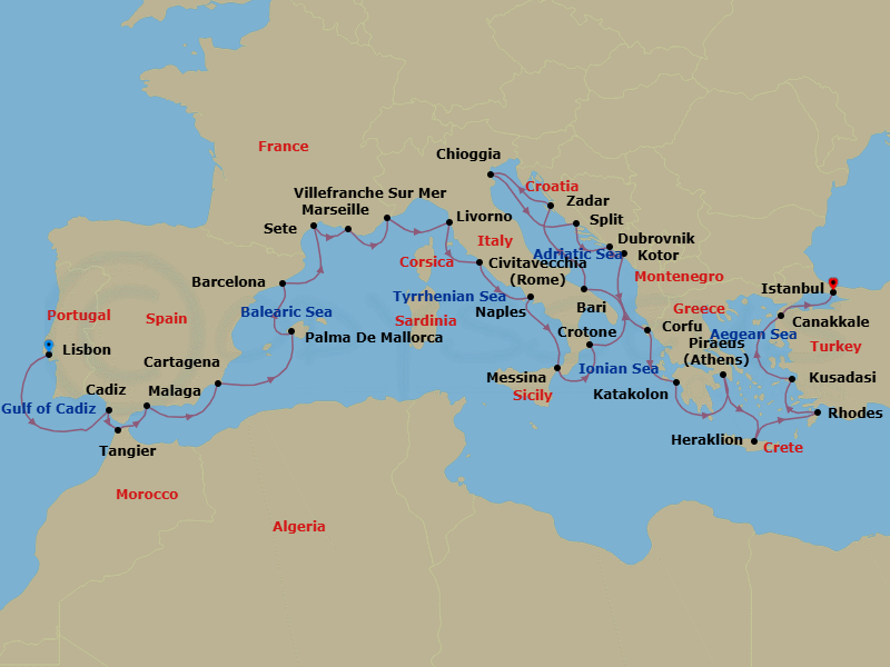 35 Night - Grand Mediterranean Explorer - Viking Sky - Starting in Lisbon, Seville (Cadiz), Tangier, Granada (Malaga), Murcia (Cartagena ES, Spain), Palma De Mallorca, Barcelona, Sete, Marseille, Villefranche-Sur-Mer, Florence / Pisa (Livorno), Rome (Civitavecchia), Naples, Sicily (Messina), Crotone, Bari, Zadar, Venice (Chioggia), Split, Dubrovnik, Croatia, Kotor, Corfu (Kerkyra), Katakolon (Olympia), Athens (Piraeus), Crete (Heraklion), Rhodes, Ephesus (Kusadasi), Troy (Canakkale), Istanbul itinerary map