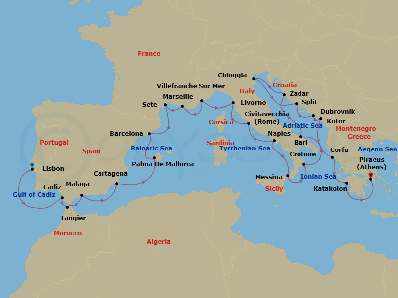 28 Night - Mediterranean Explorer - Viking Sky - Starting in Lisbon, Seville (Cadiz), Tangier, Granada (Malaga), Murcia (Cartagena ES, Spain), Palma De Mallorca, Barcelona, Sete, Marseille, Villefranche-Sur-Mer, Florence / Pisa (Livorno), Rome (Civitavecchia), Naples, Sicily (Messina), Crotone, Bari, Zadar, Venice (Chioggia), Split, Dubrovnik, Croatia, Kotor, Corfu (Kerkyra), Katakolon (Olympia), Athens (Piraeus) itinerary map