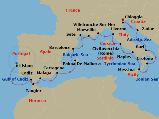 21 Night - Adriatic & Mediterranean Discovery - Viking Sky - Starting in Lisbon, Seville (Cadiz), Tangier, Granada (Malaga), Murcia (Cartagena ES, Spain), Palma De Mallorca, Barcelona, Sete, Marseille, Villefranche-Sur-Mer, Florence / Pisa (Livorno), Rome (Civitavecchia), Naples, Sicily (Messina), Crotone, Bari, Zadar, Venice (Chioggia) itinerary map