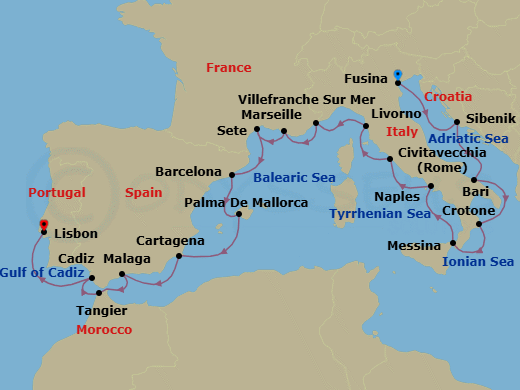 21 Night - Adriatic & Mediterranean Discovery - Viking Mira - Starting in Venice (Fusina), Sibenik, Bari, Crotone, Sicily (Messina), Naples, Rome (Civitavecchia), Florence / Pisa (Livorno), Villefranche-Sur-Mer, Marseille, Sete, Barcelona, Palma De Mallorca, Murcia (Cartagena ES, Spain), Granada (Malaga), Tangier, Seville (Cadiz), Lisbon itinerary map