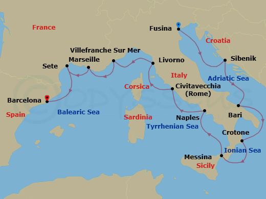 14 Night - Mediterranean & Italian Sojourn - Viking Mira - Starting in Venice (Fusina), Sibenik, Bari, Crotone, Sicily (Messina), Naples, Rome (Civitavecchia), Florence / Pisa (Livorno), Villefranche-Sur-Mer, Marseille, Sete, Barcelona itinerary map