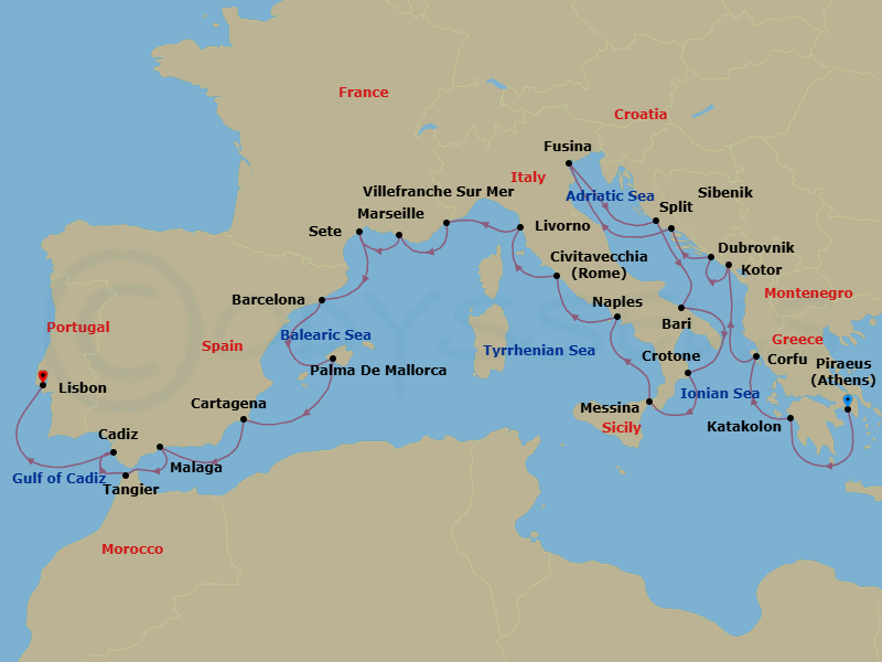 28 Night - Mediterranean Explorer - Viking Mira - Starting in Athens (Piraeus), Katakolon (Olympia), Corfu (Kerkyra), Kotor, Dubrovnik, Croatia, Split, Venice (Fusina), Sibenik, Bari, Crotone, Sicily (Messina), Naples, Rome (Civitavecchia), Florence / Pisa (Livorno), Villefranche-Sur-Mer, Marseille, Sete, Barcelona, Palma De Mallorca, Murcia (Cartagena ES, Spain), Granada (Malaga), Tangier, Seville (Cadiz), Lisbon itinerary map