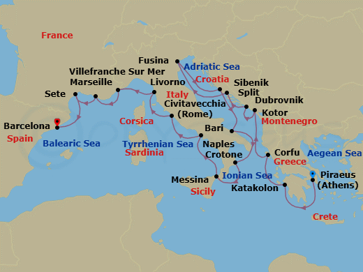21 Night - Mediterranean & Adriatic Sojourn - Viking Mira - Starting in Athens (Piraeus), Katakolon (Olympia), Corfu (Kerkyra), Kotor, Dubrovnik, Croatia, Split, Venice (Fusina), Sibenik, Bari, Crotone, Sicily (Messina), Naples, Rome (Civitavecchia), Florence / Pisa (Livorno), Villefranche-Sur-Mer, Marseille, Sete, Barcelona itinerary map