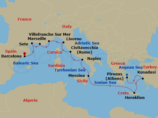 14 Night - Mediterranean Antiquities - Viking Mira - Starting in Athens (Piraeus), Ephesus (Kusadasi), Crete (Heraklion), Sail the Ionian Sea, Sicily (Messina), Naples, Rome (Civitavecchia), Florence / Pisa (Livorno), Villefranche-Sur-Mer, Marseille, Sete, Barcelona itinerary map